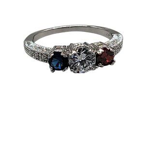 10k Patriotic Gemstone Ring Ladies SZ 12 White Gold Garnet Cubic Zirconia Iolite